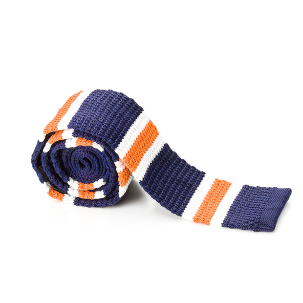 Orange and White Striped Blue Knit Tie