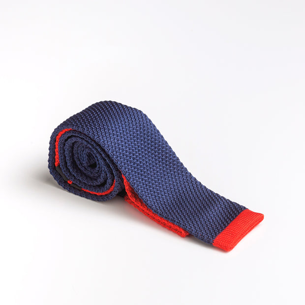 Navy Wool Knit Tie With Flat Red Tip and Finishes