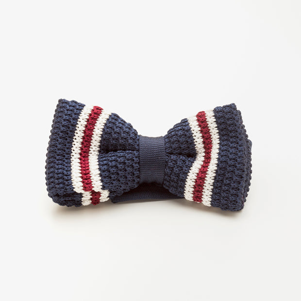 Red and White Striped Blue Wool Knit Bow Tie